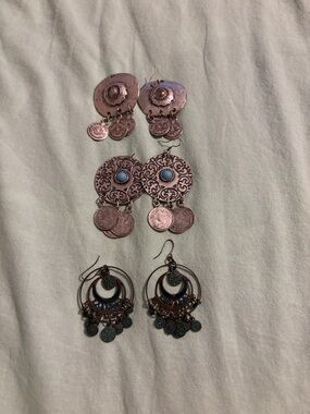 Handcrafted Boho Copper Dangle Earrings with Turquoise Accents - Set of 3